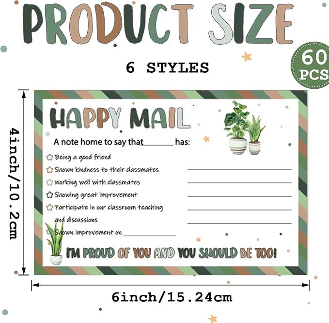 60Pcs Greenery Happy Mail Teacher Notes to Parents Classroom Good Behavior Incentive Motivational Cards Positive Postcards to Send Home for Classroom Kindergarten Elementary School