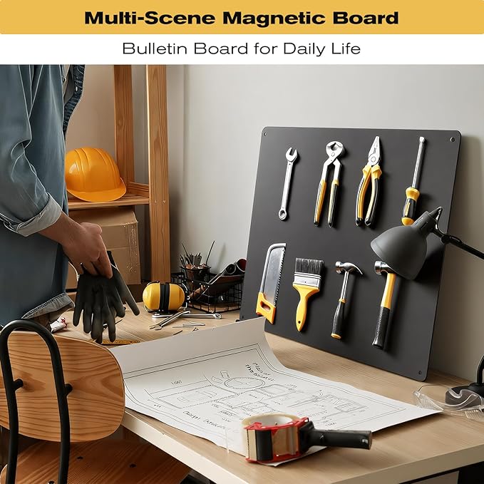 14" x 30" Magnetic Board, Black Magnet Bulletin Board to Display Magnetic Letters, Metal Board for Wall, Refrigerator Photo, with Dual Lock Tape and Screws, Marker Pen