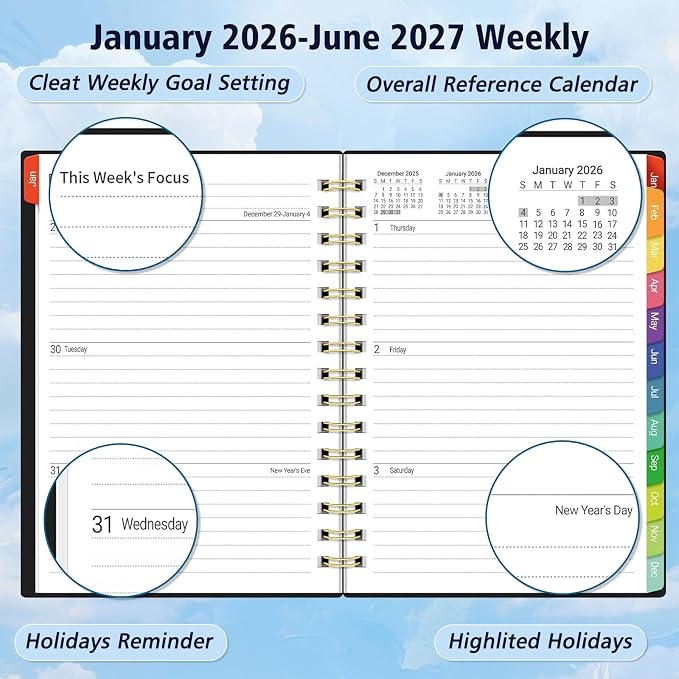 Daily Planner 2026-2027, 18 Month Planner with Tabs, January 2026 - June 2027 Weekly and Monthly Agenda Year Calendar Spiral Time Management, 100GSM Thick Paper, Twin-Wire Binding, A5 Size, Black