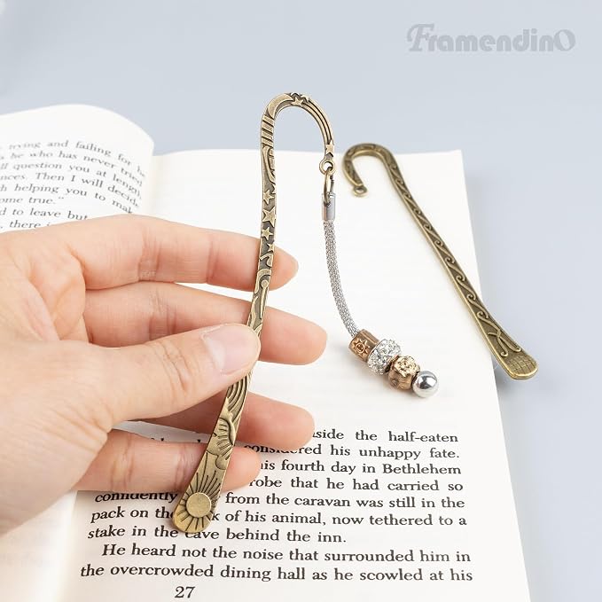 Framendino, 12 Pack Metal Bookmarks, Antique Vintage Bookmark Hooks, Flower Carved Hairpin Stripe Book Marks with Loop for DIY Jewelry Making Charms