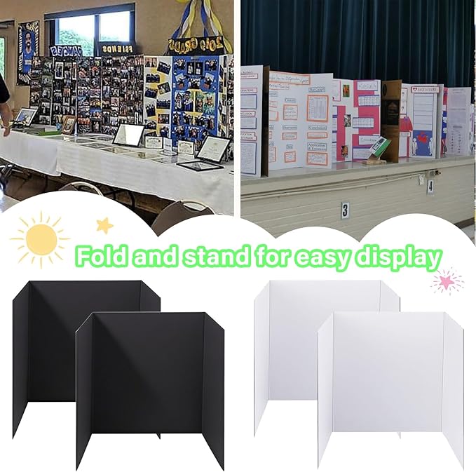 4-Pack Trifold Display Boards, Black+White 24 x 16 Inches Tri-Fold Corrugated Presentation Boards for Classroom Projects, Science Fairs, Business Events, and Exhibits