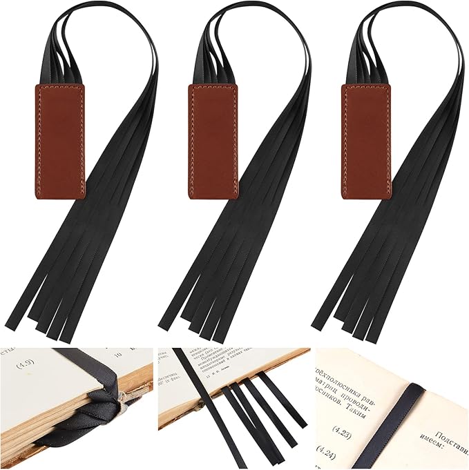 Outus 3 Pieces Bible Ribbon Bookmark Markers Artificial Leather Bookmark with Ribbons for Books Office(Simple,Black)