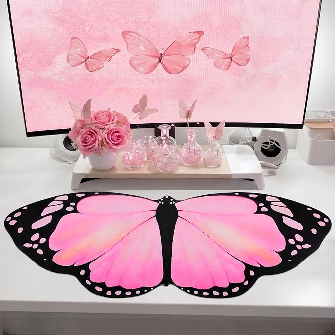 Tellegloww Large Pink Butterfly Gaming Mouse Pad Desk Mat Decorative Butterfly Keyboard Desk Mat with Non-Slip Base Table Accessories for Office Home Study 35.43 x 15.75 Inches