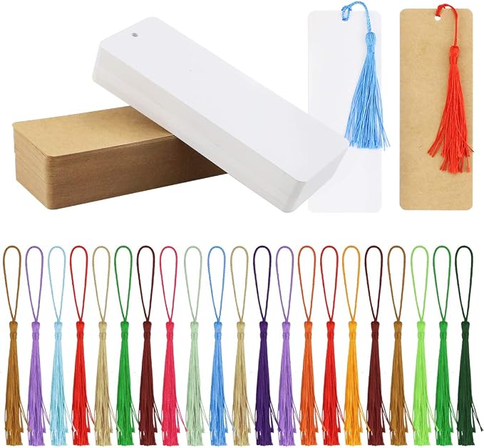 120 Pcs Kraft Paper Blank Cardstock Bookmarks, Paper Bookmarks with 100 Pieces Colorful Tassels for DIY Classroom Projects and Gifts Tags