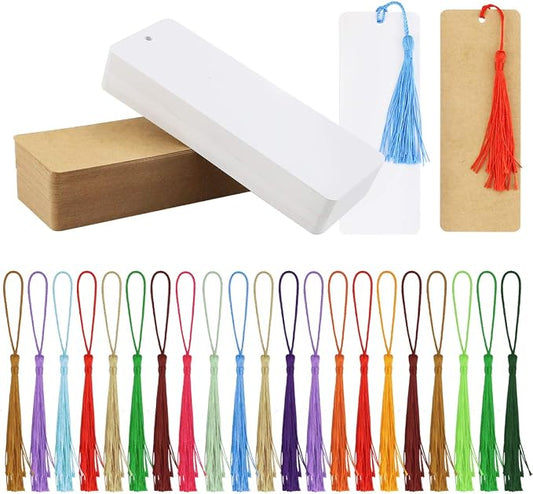 120 Pcs Kraft Paper Blank Cardstock Bookmarks, Paper Bookmarks with 100 Pieces Colorful Tassels for DIY Classroom Projects and Gifts Tags