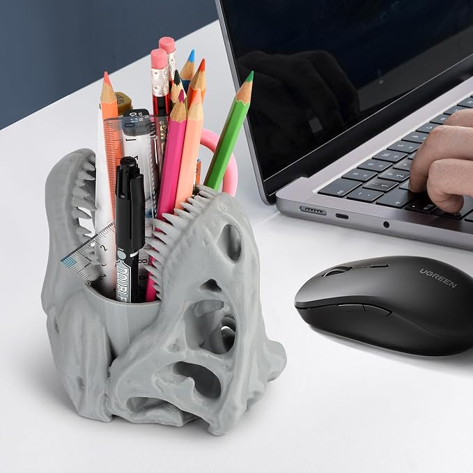 Cool Dinosaur Pen Holder, Dinosaur Skull Figurine Pencil Holder for Office Desk Decor, Funny Easter Gifts for Men and Boys, Grey T-Rex Desktop Organizer