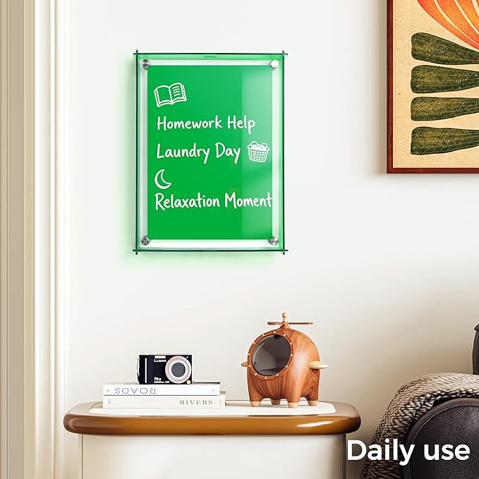 TOWON 9x12 Inch Green Acrylic Dry Erase Board & Photo Frame, Wall Mount Writing Remind Board with Slide-Lock Design for Home Office, Kitchen and Dorm Décor | 4 Dual-Tip Markers and Double-Sided Eraser
