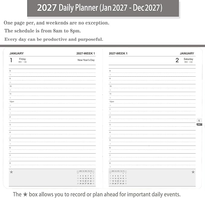 Daily Planner 2027 / Appointment Book, One Page Per Day, Jan - Dec 2027, Annual Daily Monthly Calendar Planner with Hourly Schedule and Monthly Tabs, 5.7" x 8.3" Agenda (Black)