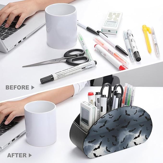 PU Leather Remote Desk Holder, 5-Slot Organizer for TV Controllers, Makeup Brushes, and Office Supplies, Bat