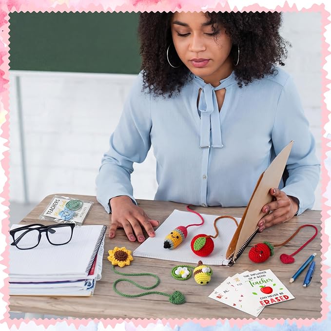 Gueevin 6 Sets Graduation Gifts for Teacher, Teachers Crochet Bookmarks Thank You Gifts for Women Crochet Bookmarks with Cards and OPP Bags for Graduation End of Year Supplies