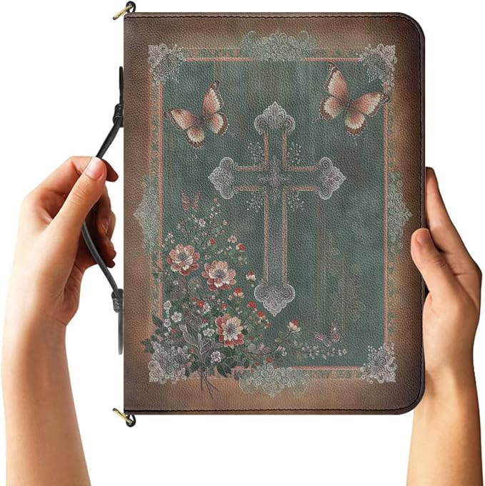 Medium Bible Bag for Girls, Green Bible Cover with Strap and Handle, Boho Crucifix Print PU Leather Book Protecto with Inner Pockets and Pen Loop, Biblia Study Supplies for Girls