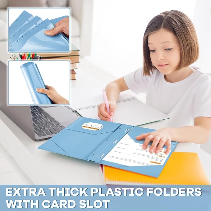 Henoyso 72 Pcs Plastic Folder with Clear Front Pocket and 3 Prong Plastic Folders with Card Slot Pocket Folders with Prongs for School Office (Haze Blue)