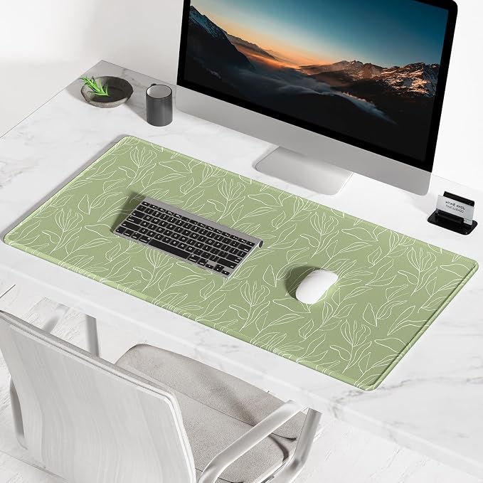BosoBo Large Gaming Desktop Mat - XXL XXL Full Cover 35.5 x 15.7 Inches, Minimalist Green Leaf
