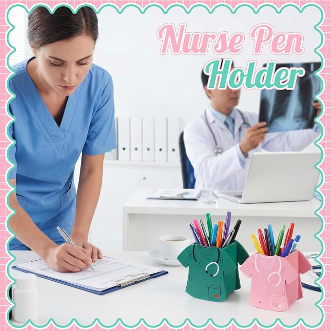Sherr 2 Pcs Wood Pencil Holder Pencils and Sharpener Shaped Sharp and Dull Pen Holder Back to School Wooden Dispenser Storage Organizer for Classroom(Nurse Scrub,Pink and Green)