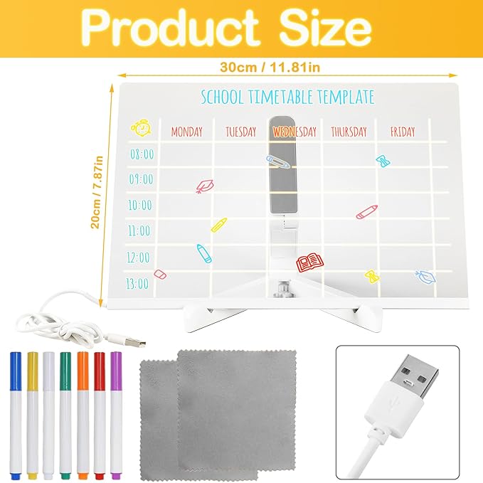 LED Note Board with Colors, Acrylic Led Note Board with Colors, Light up Dry Erase Board with Stand & 7 Pens, Glowing Memo Letter Message Board for Home Office School (7.87" x 11.81")