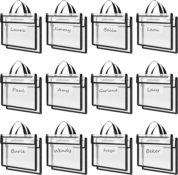 Teling 24 Pack Thick Clear Book Pouches with Blank Name Tags and Handles Book Baggies Bags Bins Organizer for School Classroom Library Pockets Students (14 x 11 Inch,Black)