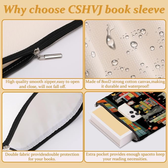 Cat Book Sleeve - Book Cover with Zipper and Front Pocket - Perfect for Cat Lovers and Bookworms