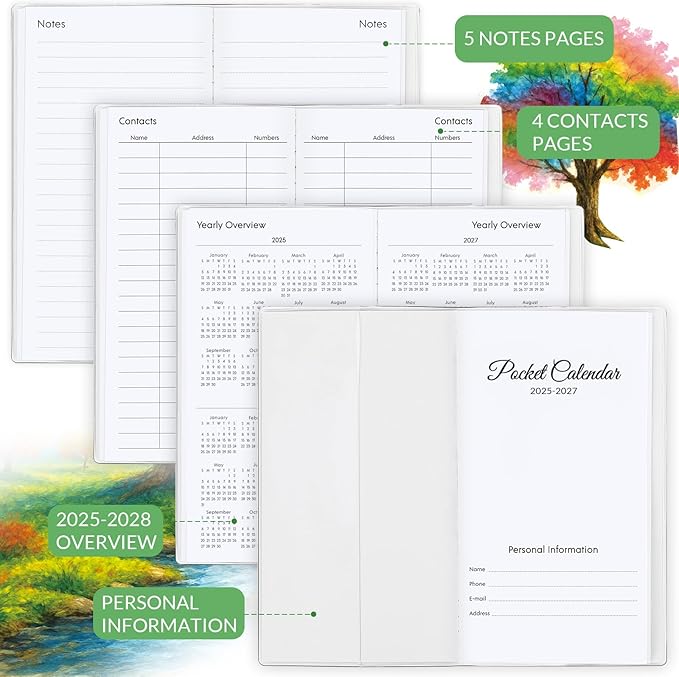 Phyxin Pocket Calendar 2025-2027, Two Year Pocket Planner - Runs From Jul 2025 Until Dec 2027, Small Size Planner - 6.7" x 3.7", Small Calendar for Easy Organizing, Tree