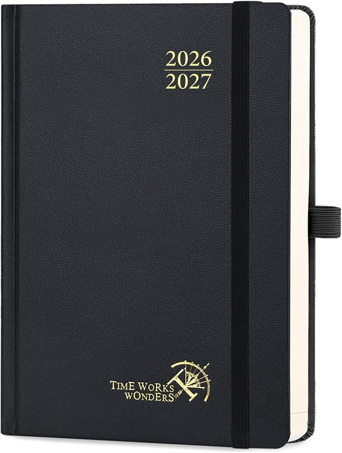 POPRUN 2026-2027 Daily Planner One Page Per Day (Medium - 5.75" x 8.5") - Academic Calendar Book(July 2026 - June 2027), 2026 Day Appointment Book with Pen Holder, Hardcover - Black