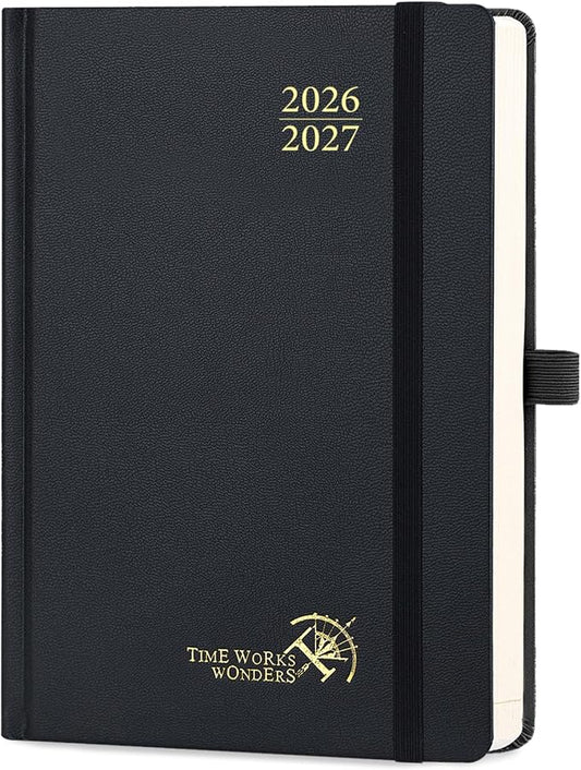 POPRUN 2026-2027 Daily Planner One Page Per Day (Medium - 5.75" x 8.5") - Academic Calendar Book(July 2026 - June 2027), 2026 Day Appointment Book with Pen Holder, Hardcover - Black