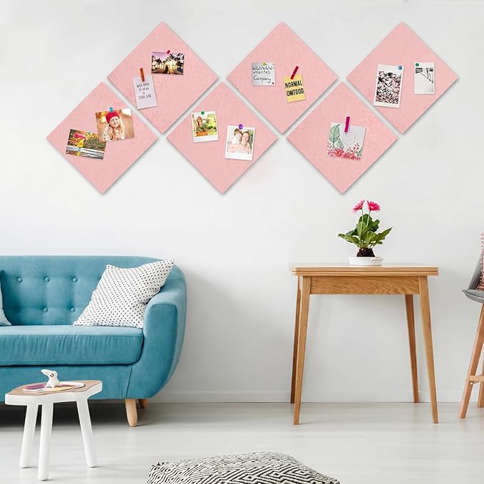 Thboxes Large Cork Board 36" x 24", 6 Pack Felt Wall Tiles with Colored Pushpins, Bulletin Board with 40 Safe Removable Adhesive Tabs, Pin Board Cork Boards for Walls Home Office Decor - Pink