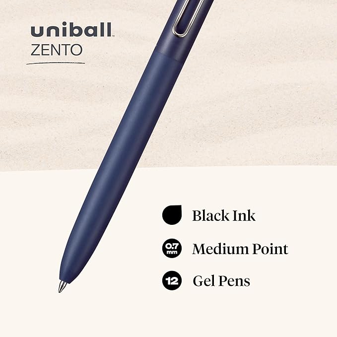 uniball Zento Liquid Gel Ink Retractable Pens, Medium Point (0.7mm), Muted Barrels, Black Ink, Dozen (Pack of 144)