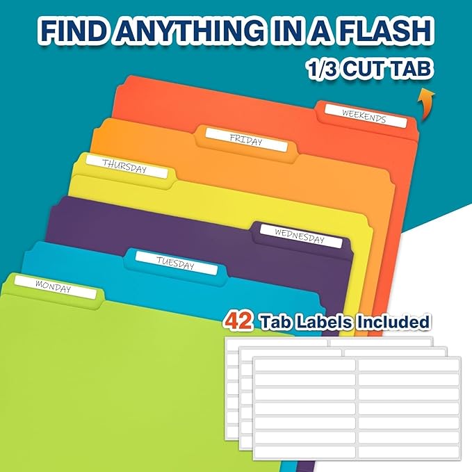 H4D 30 Pack Plastic File Folders Heavy Weight, Poly Colored File Folders 1/3-Cut Tabs with Sticky Labels, Letter Size, Assorted Colors