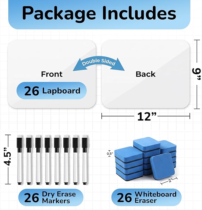 26 Pack Dry Erase Lapboards 12" x 9" - Double Sided Small Dry Erase Boards with 26 Markers & Erasers - Bulk Mini White Boards for Students, Kids, Teachers & School - Classroom Whiteboard Supplies