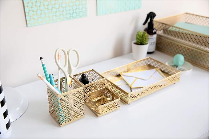 BLU MONACO | Gold Desk Organizer Set for Women 6 Piece | Mail Sorter Organizer Countertop with Letter Sorter for Desk | Steel Desktop Organizer with Mesh Pen Holders