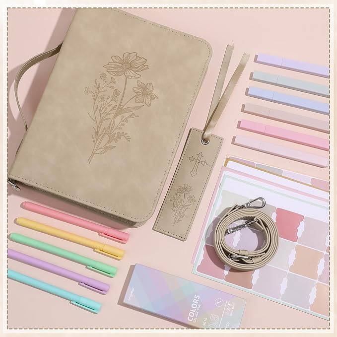 19PCS Floral Khaki Leather Bible Cover for Women Bible Cover Cases for Teen Girls Christmas Gift Christian Bags Journaling Kit with Shoulder Strap Highlighter Pens & Book Marker 10.47 * 7.48 * 2.17in