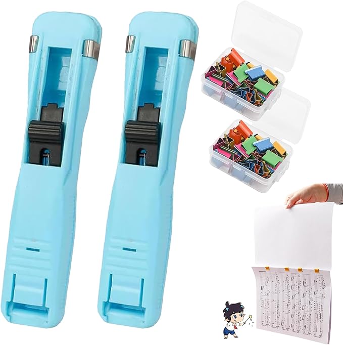 2pake Portable Binder Clip Stapler, Includes 100 Reusable Clips, Handheld Paper Clam Clip Dispenser for Home, School, Desk Office (Blue)
