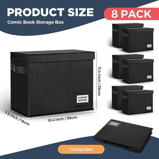 Lincia 8 Pack Comic Book Storage Boxes, 15.4" x 7.5" x 11.4" Book Box Organizer Collapsible with Handles, Stackable Short Bin to Holds 150-180 Comics for Home School Classroom, Black