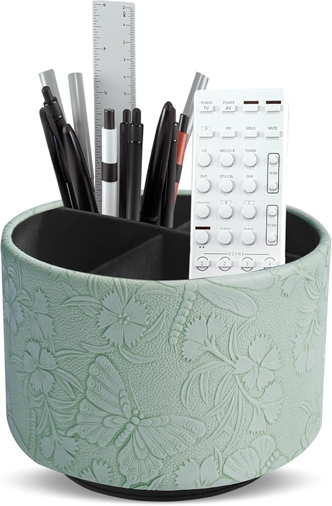 Round Leather Art Supply Organizer,Remote Control Holder,360-degree Rotating Pen Organizer with 4 Compartments(1-Butterfly Green)