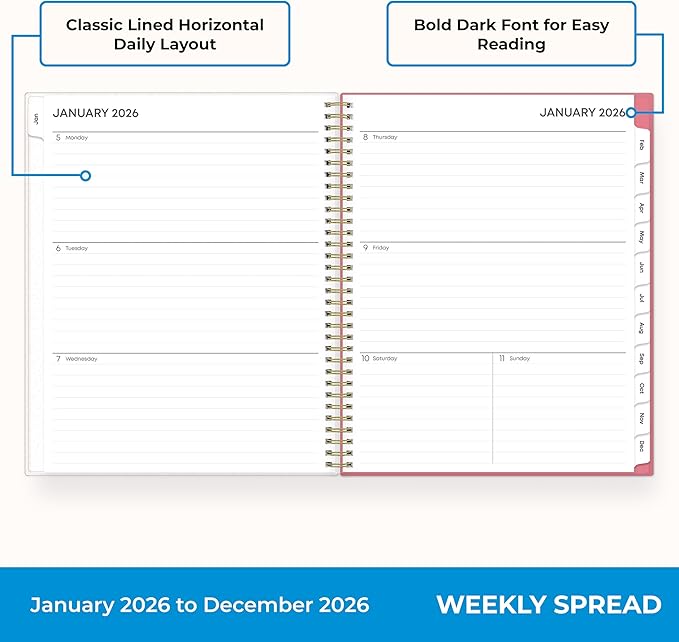 Blue Sky 2026 Weekly and Monthly Planner Calendar, January 2026 - December 2026, 8.5" x 11", Flexible Cover, Laminated Tabs, Durable Twin Wire Binding, Storage Pocket, Fly By