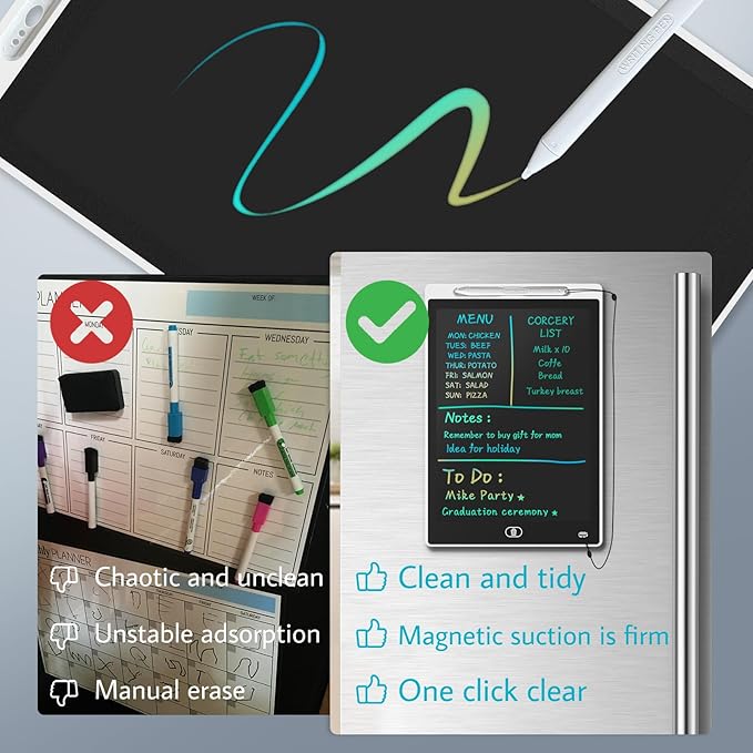 Magnetic Board for Fridge, 9.8”×6.7” Small LCD Writing Tablet Blackboard Grocery to Do List Magnet Pad Dry Erase White Black Whiteboard Adult Chore Chart Refrigerator Digital Notepad Message Center