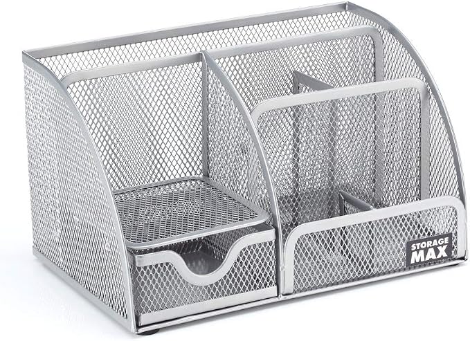 Desk Organizer with Drawer, Desktop Wire Mesh Sorter with 6 Compartments for Pens, Pencils and Letters (Silver)