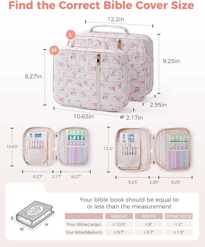 WANDF Bible Cover Case for Women, Quilted Bible Bag with Strap (M,Pink) | Large Capacity, Bible Study Supplies, Church Service, Journaling Accessories, Christian Gifts