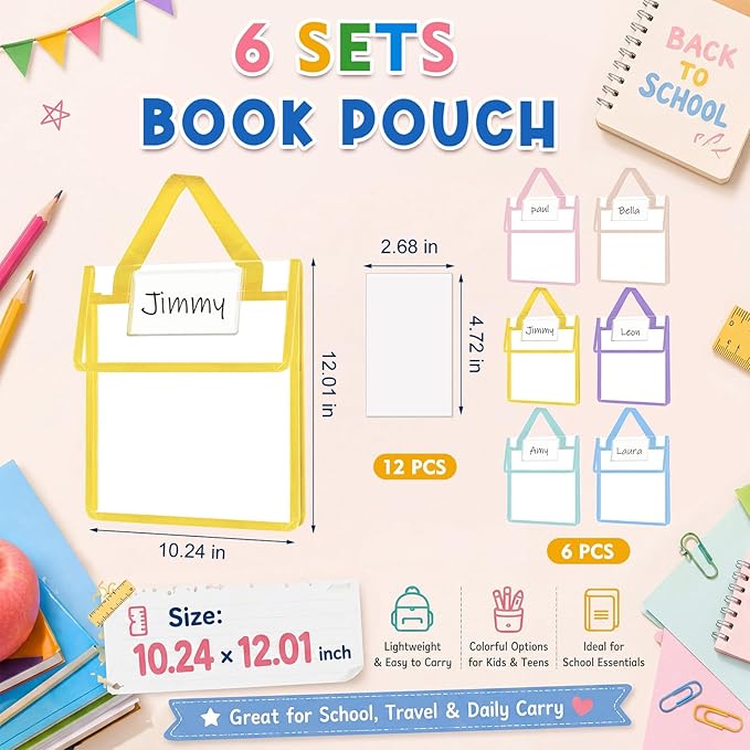 Teling 6 Pack Thick Clear Book Pouches with Blank Name Tags and Handles Book Baggies Bags Bins Organizer for School Classroom Library Pockets Students (10 x 12 Inch,Pastel Color)