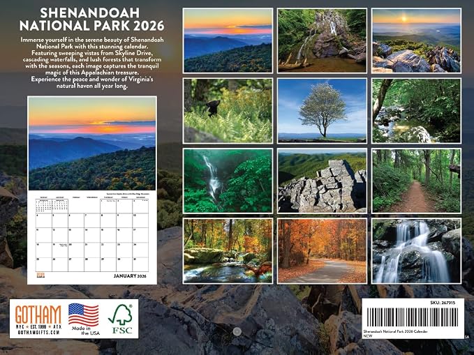 Shenandoah National Park Calendar 2026 Monthly Wall Calender 12 Month | American Made In The USA