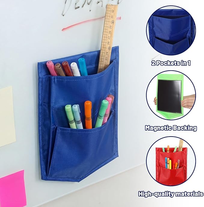 3 Pcs Rainbow Color Magnetic Whiteboard Storage Pocket 8"L x 10.6" H Nylon Classroom Organizer with Magnetic Office Supplies Stationery Storage Organizer for Whiteboard Magnetics Glassboard