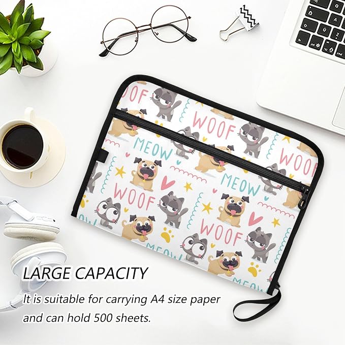 Cute Pug Dogs Cats File Folders,Plastic Folders with 13 Pockets,Expandable File Folder for Documents School Students Office,Aesthetic Folder with Labels A4 Letter Size