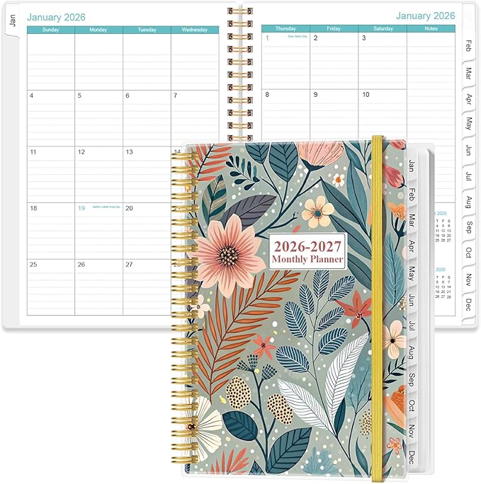 2026-2027 Monthly Planner - January 2026 - June 2027, Two Pages Per Month, 18 Monthly Calendar/Planner with Tabs, Inner Pocket, 6.4" x 8.5", Flower-A