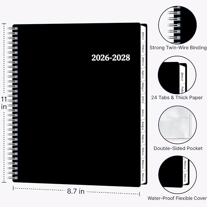 2026-2028 Monthly Planner, 2 Year Calendar Planner, Jul 2026 - Jun 2028, 8.5’’ x 11’’, Large Spiral Agenda, 24 Months, with Tabs ＆Pocket, Flexible Cover, Organizer for Office Home School, Black