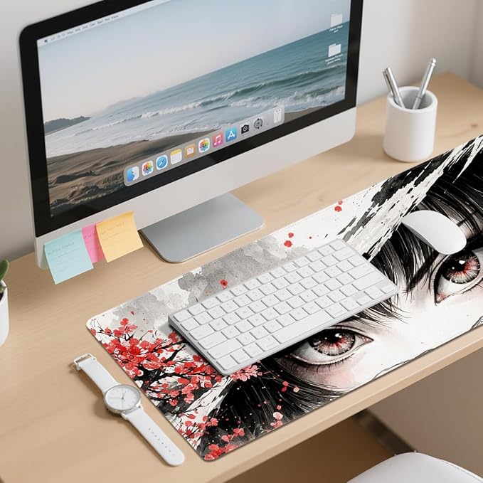 Japanese Anime Gaming Mouse Pad 35.4 x 15.7 Inches Cherry Blossoms Anime Eyes Desk Mat with Non-Slip Rubber Base, Stitched Edges for Gaming,Office