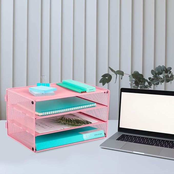 EASEPRES Paper Organizer Tray, 3 Tier Mesh Desk File Organizer Letter Sorter Holder for Home Office, Pink