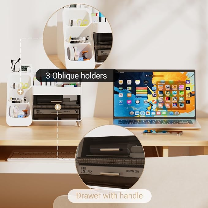 White Desk Organizer with Drawers, 2-Tier Desktop Organizer with Pen Holder, Office Supply Organizer for Desk Organization and Storage