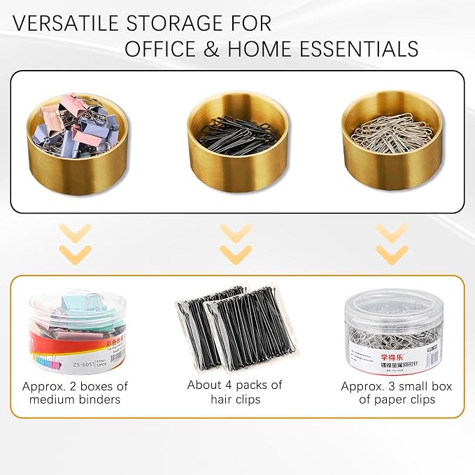 Stainless Steel Paper Clip Holder Organizer for Desk - Gold Round Office Supplies Accessories with Non-Slip Base, Deep Capacity for Binder Clips & Bobby Pins ﻿