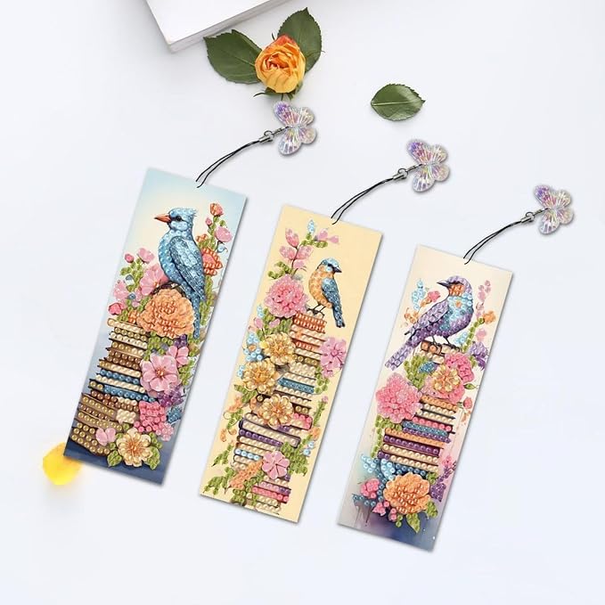 ARTopet 3Pcs DIY Diamond Art Painting Bookmarks with Colorful Butterfly Pendant PET Bookmark Ornament Double Sided Pattern Single Sided Diamond Book Marker Clip Gifts Tags-Book Pile Bird