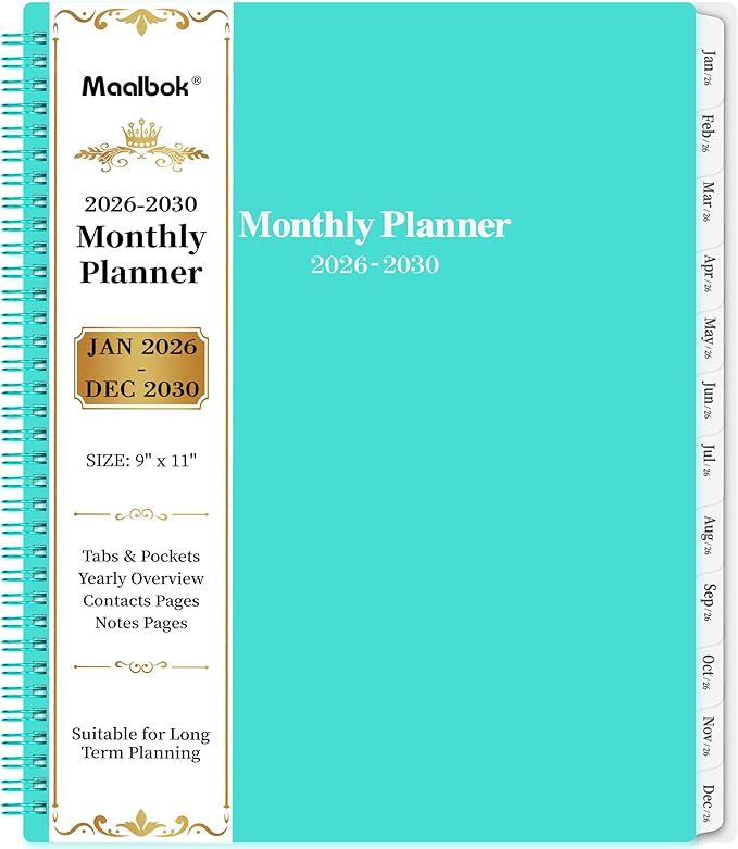 2026-2030 Monthly Planner/Calendar - Jan 2026 - Dec 2030, 5 Year Monthly Planner 2026-2030 with Tabs & Celebrity Quotes, 9" x 11", Famous Quote, Two-Side Pocket, Suitable for Long-Term Planning, Green