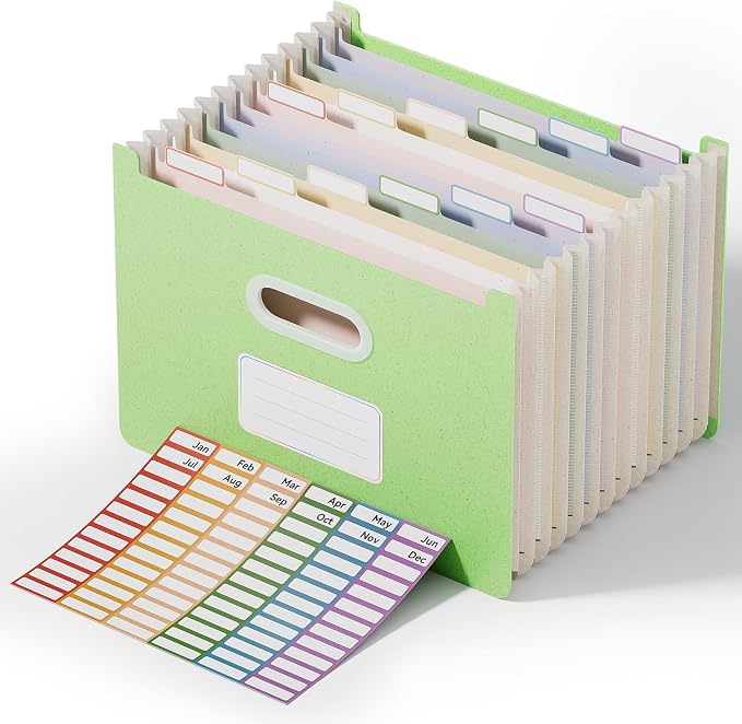 ThinkTex 12-Pocket Accordion File Organizer, Upright Open Top, Monthly Tabs, High Capacity Wheat Straw Expanding File Folder, Fits Letter A4 & Manila Folders for School Home Office -Grass Green